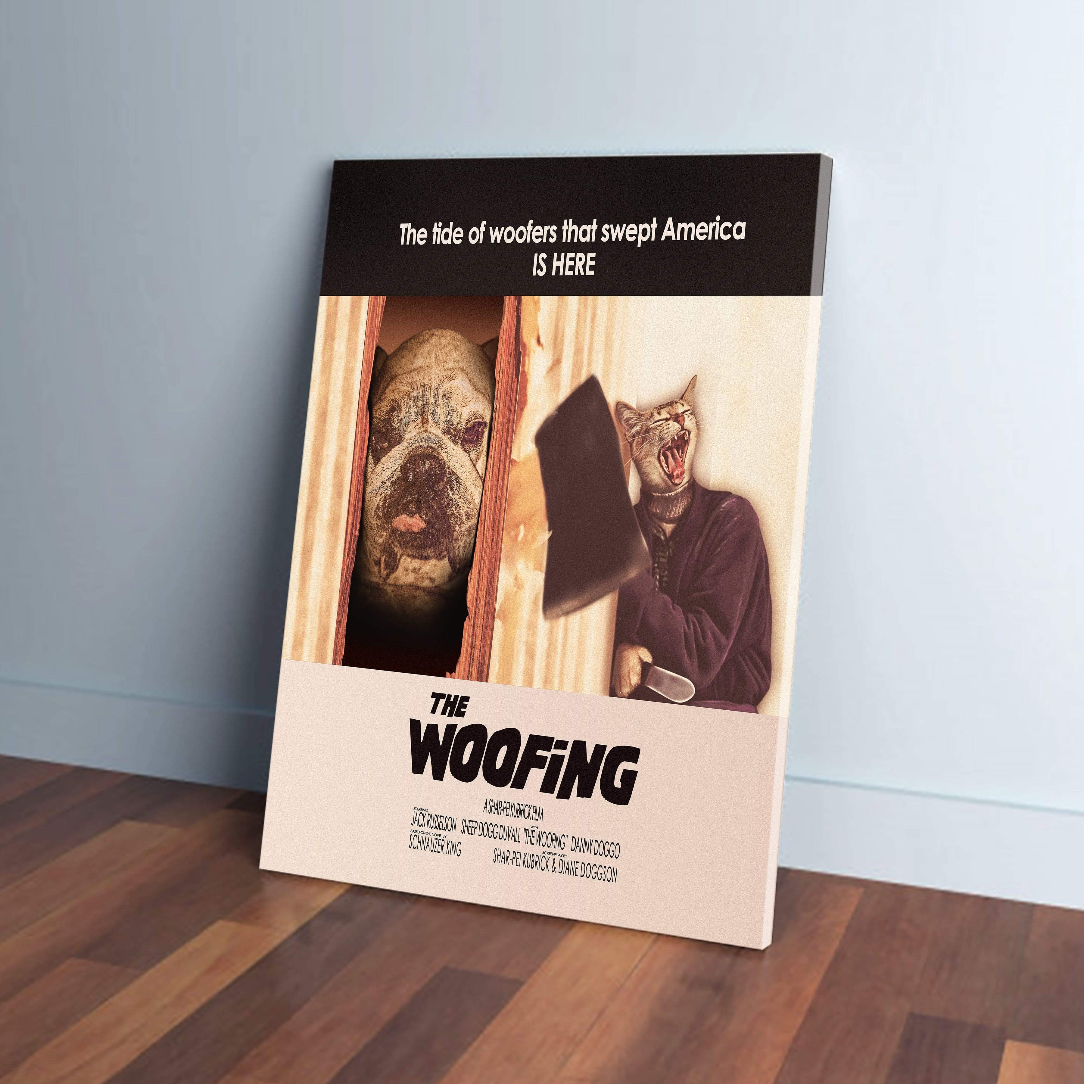 Personalized "The Woofing" canvas featuring a dog and cat in a horror movie poster style.