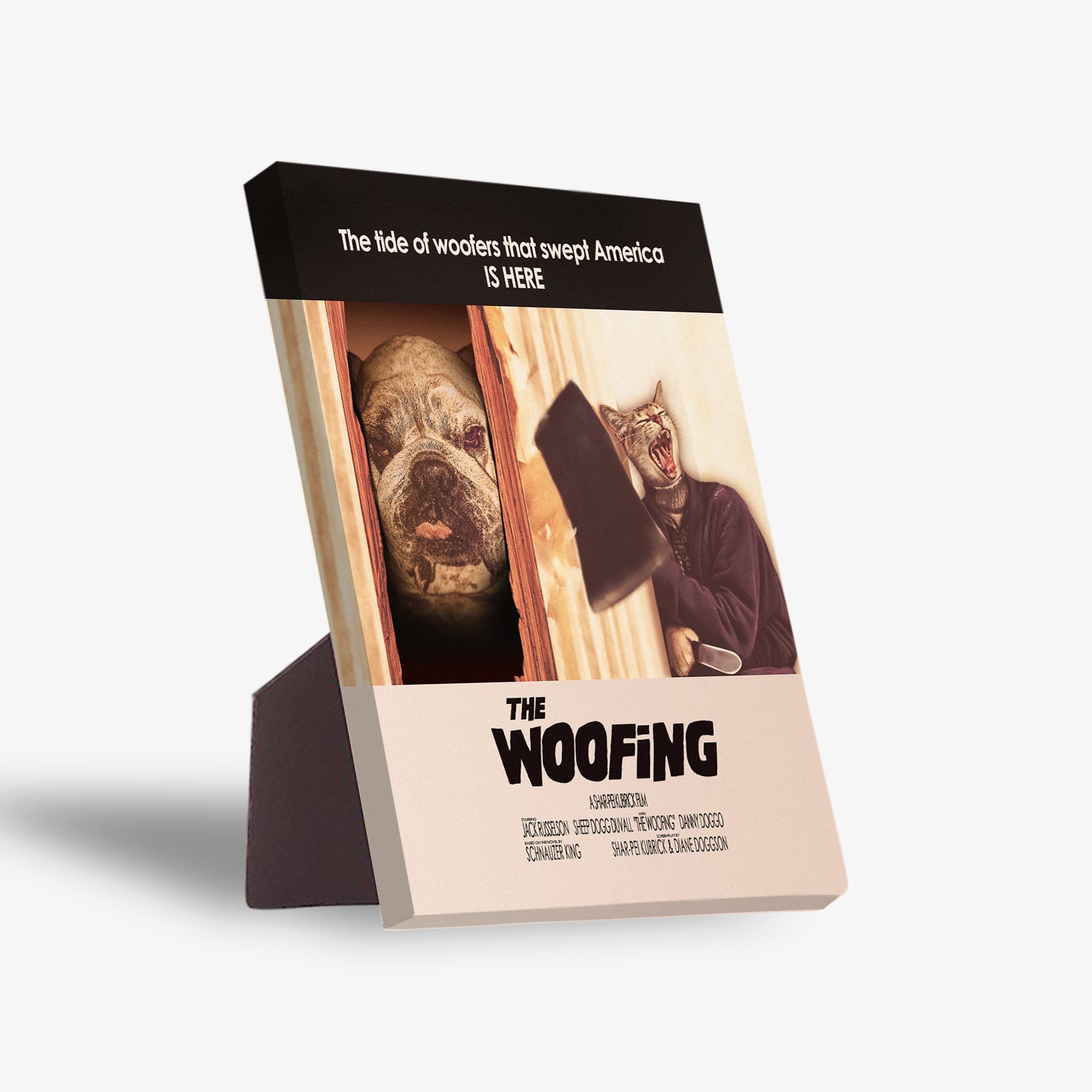 Personalized 2 pet standing canvas with a bulldog and cat in "The Woofing" movie poster design.