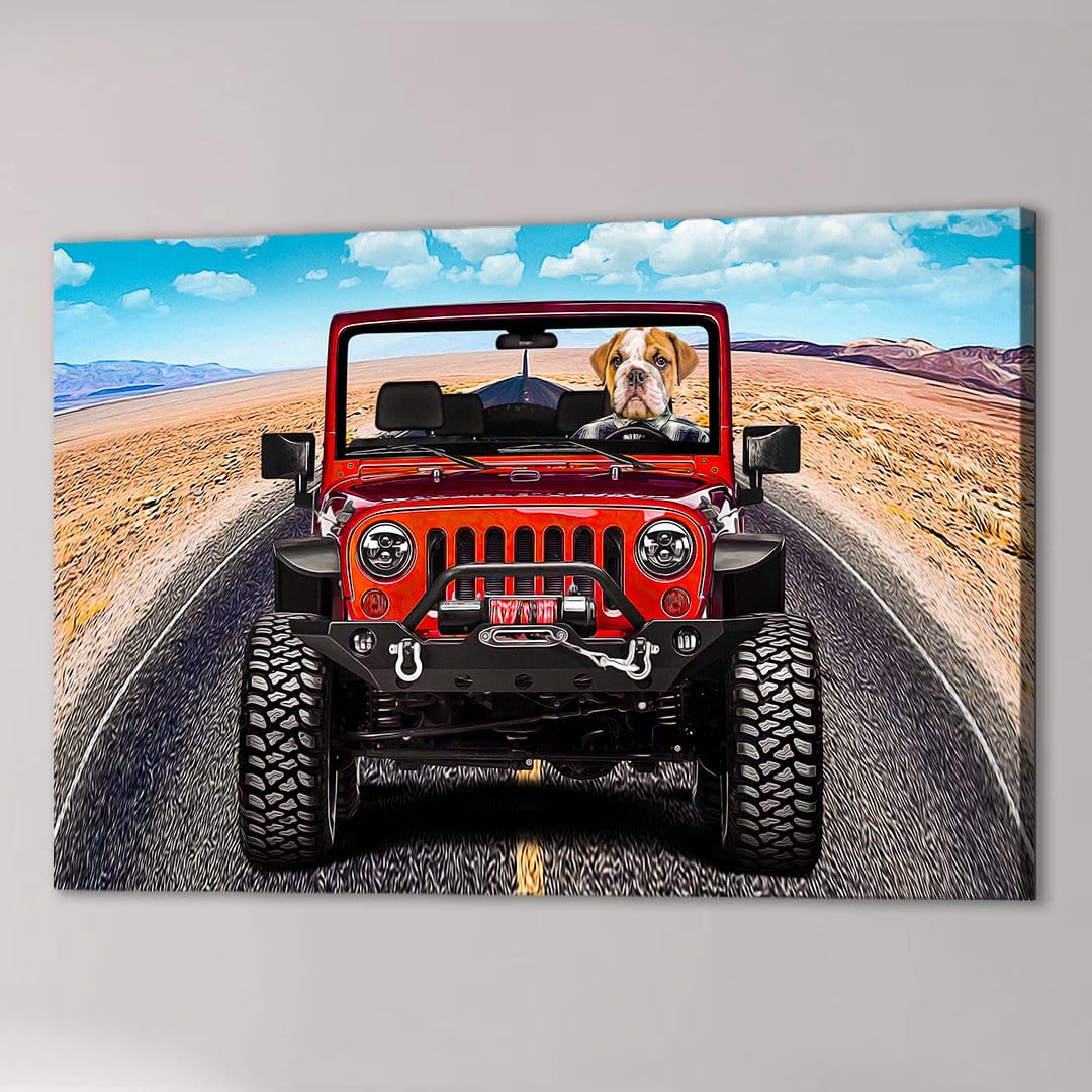 Personalized 'Yeep Cruiser' pet canvas featuring a bulldog driving a red Jeep on a desert road.