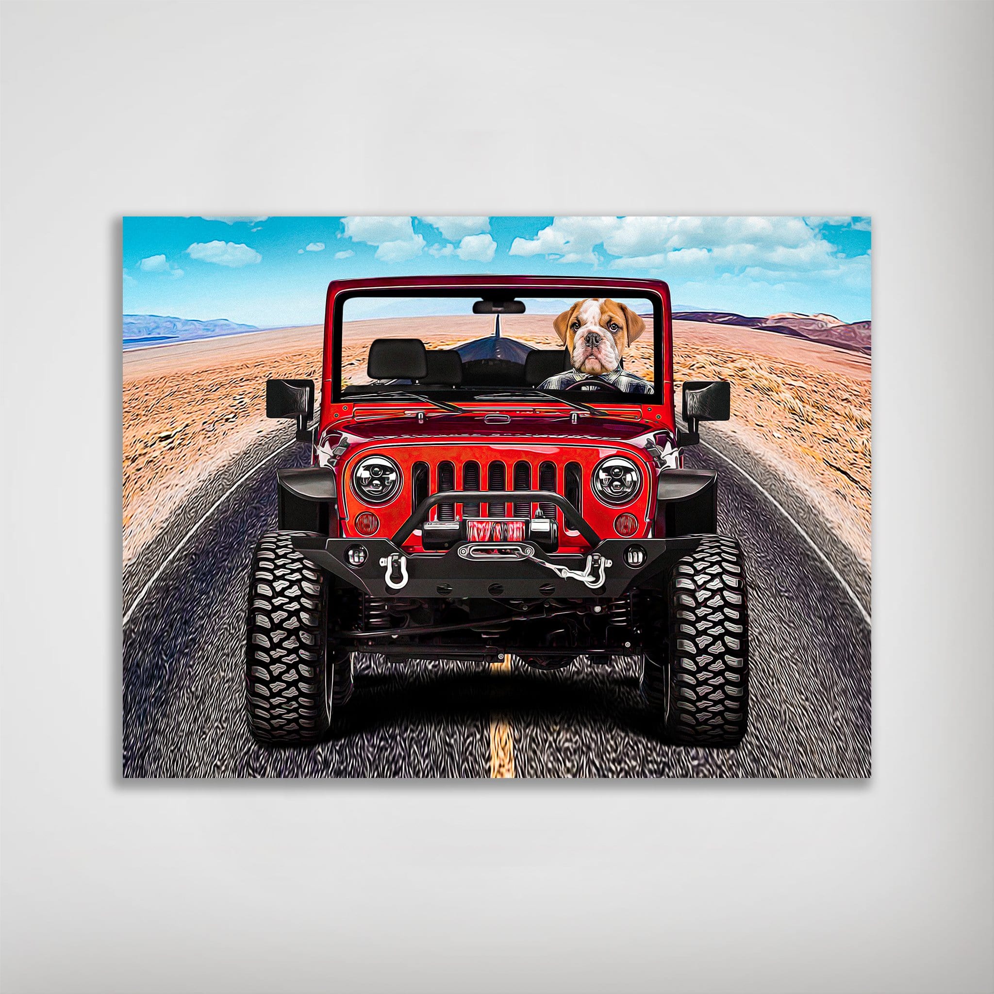 Personalized pet poster featuring a bulldog driving a red 'Yeep Cruiser' on a desert road, matte finish.