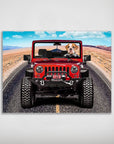 Personalized pet poster featuring a bulldog driving a red 'Yeep Cruiser' on a desert road, matte finish.