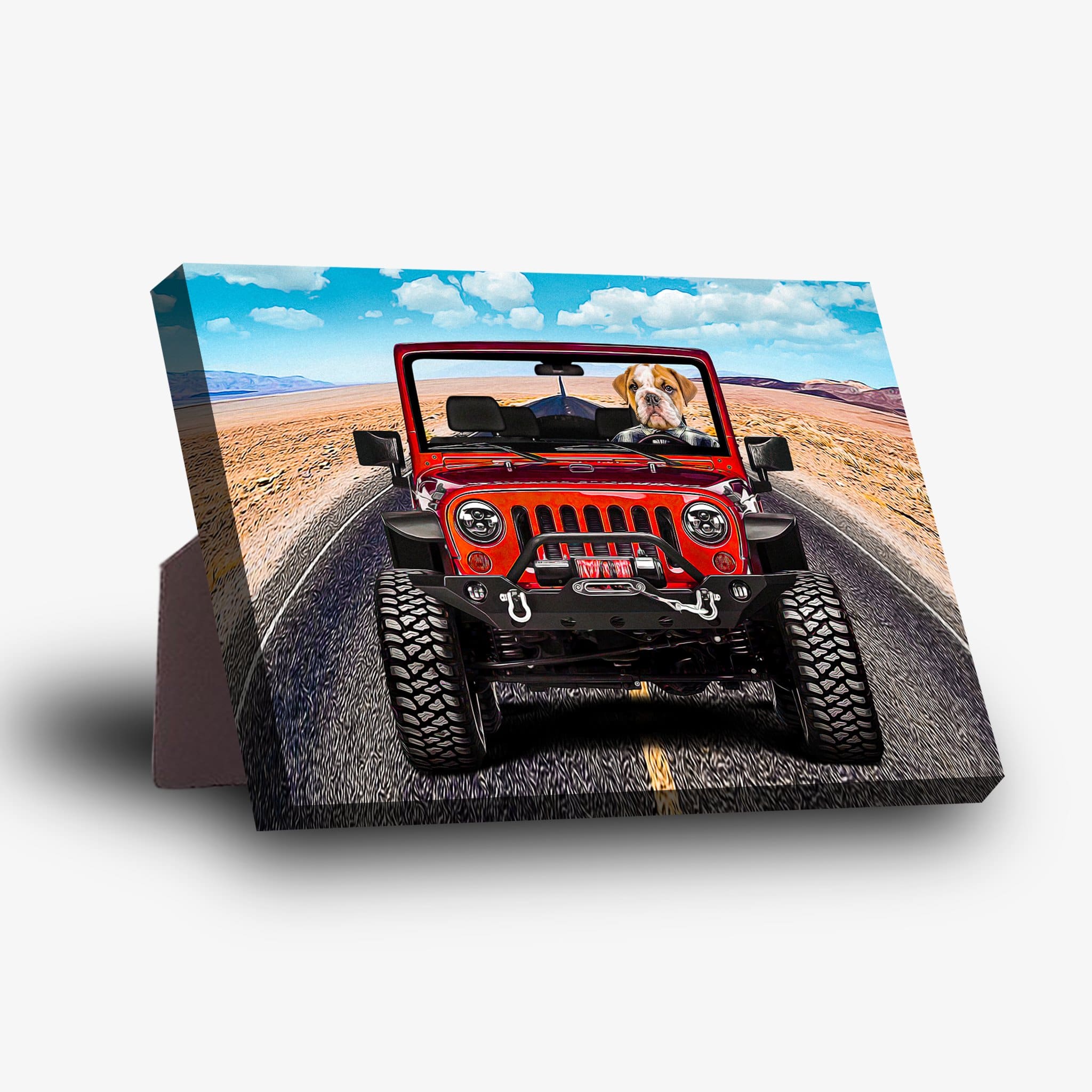 Personalized pet standing canvas featuring a bulldog driving a red 'Yeep Cruiser' on a desert road.
