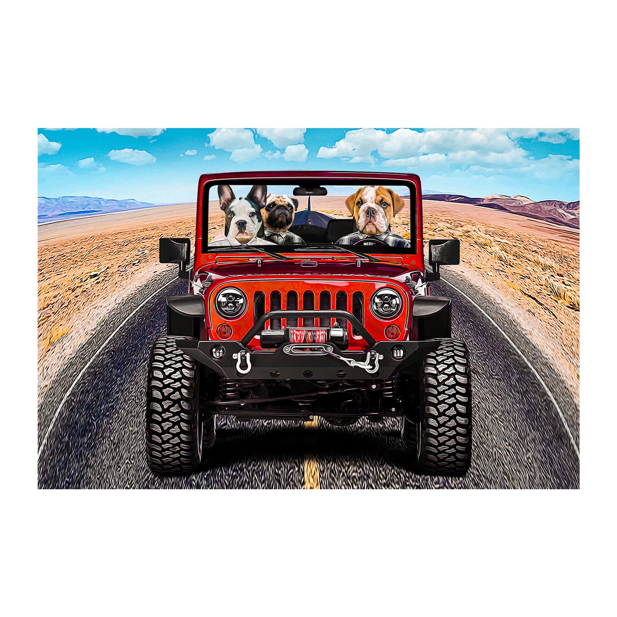 Custom digital portrait of three pets, including bulldogs, in a red Jeep on a desert road.