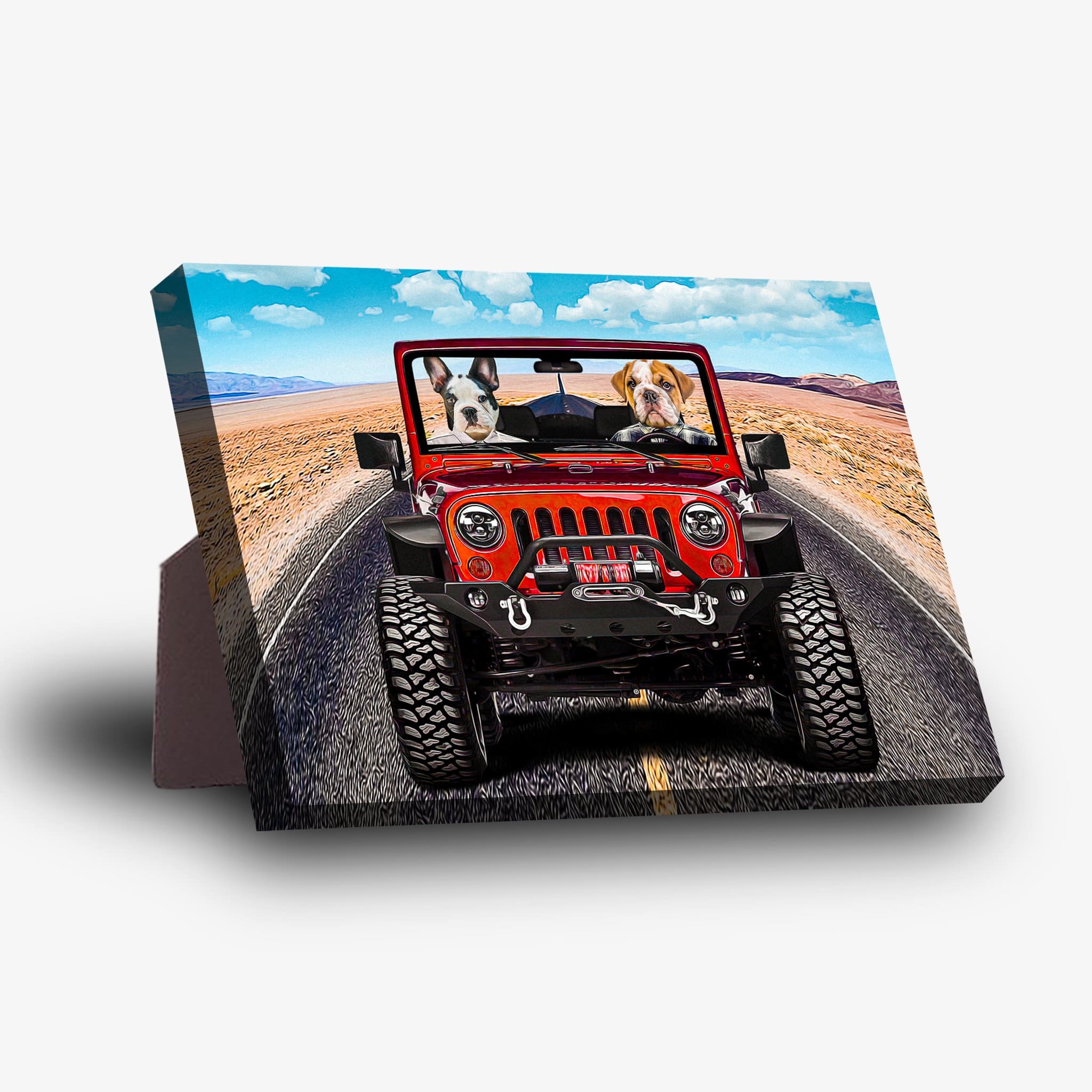 Personalized 'Yeep Cruisers' standing canvas featuring two pets driving a red jeep in a desert landscape.