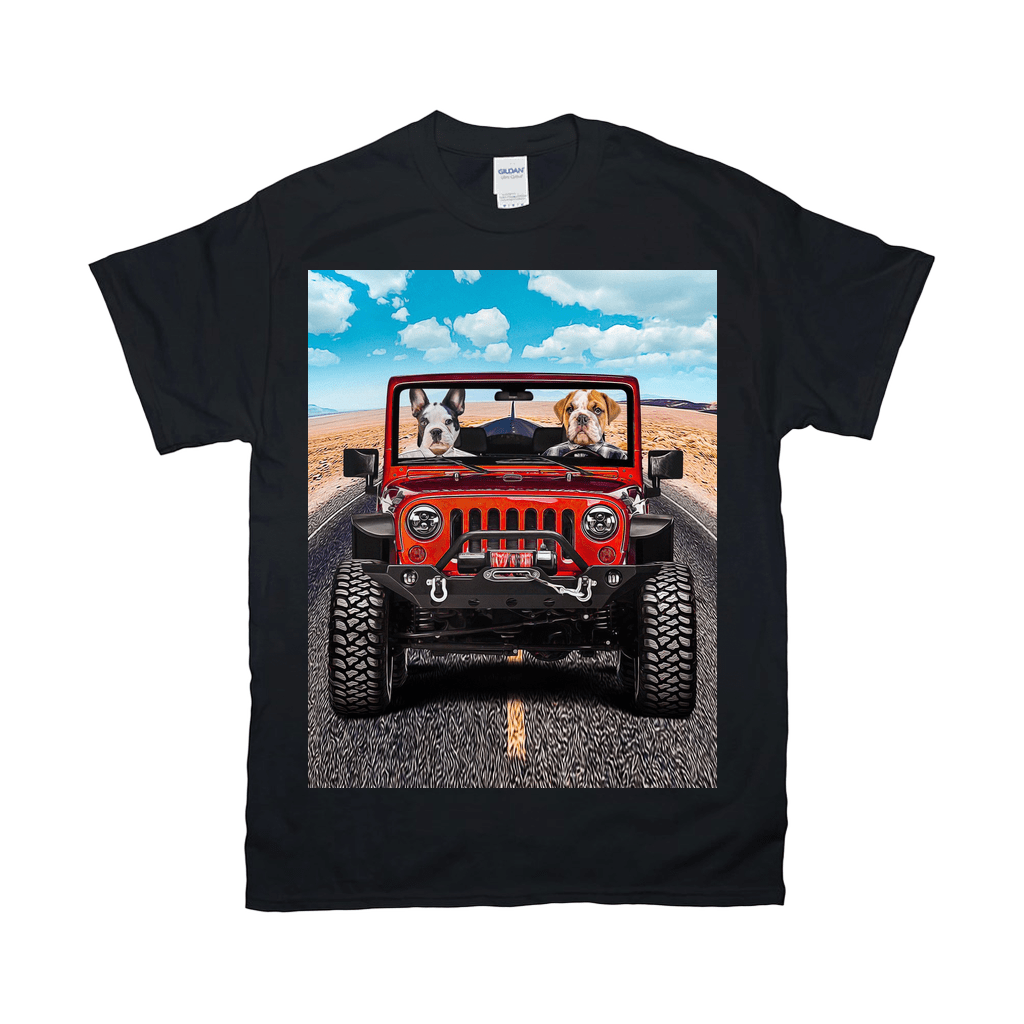 Black Gildan t-shirt with two pets, a Boston Terrier and a Bulldog, driving a red Jeep on a desert road.
