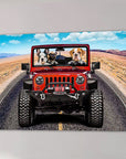 Personalized canvas print of three dogs in a red Jeep driving on a desert road under a blue sky.