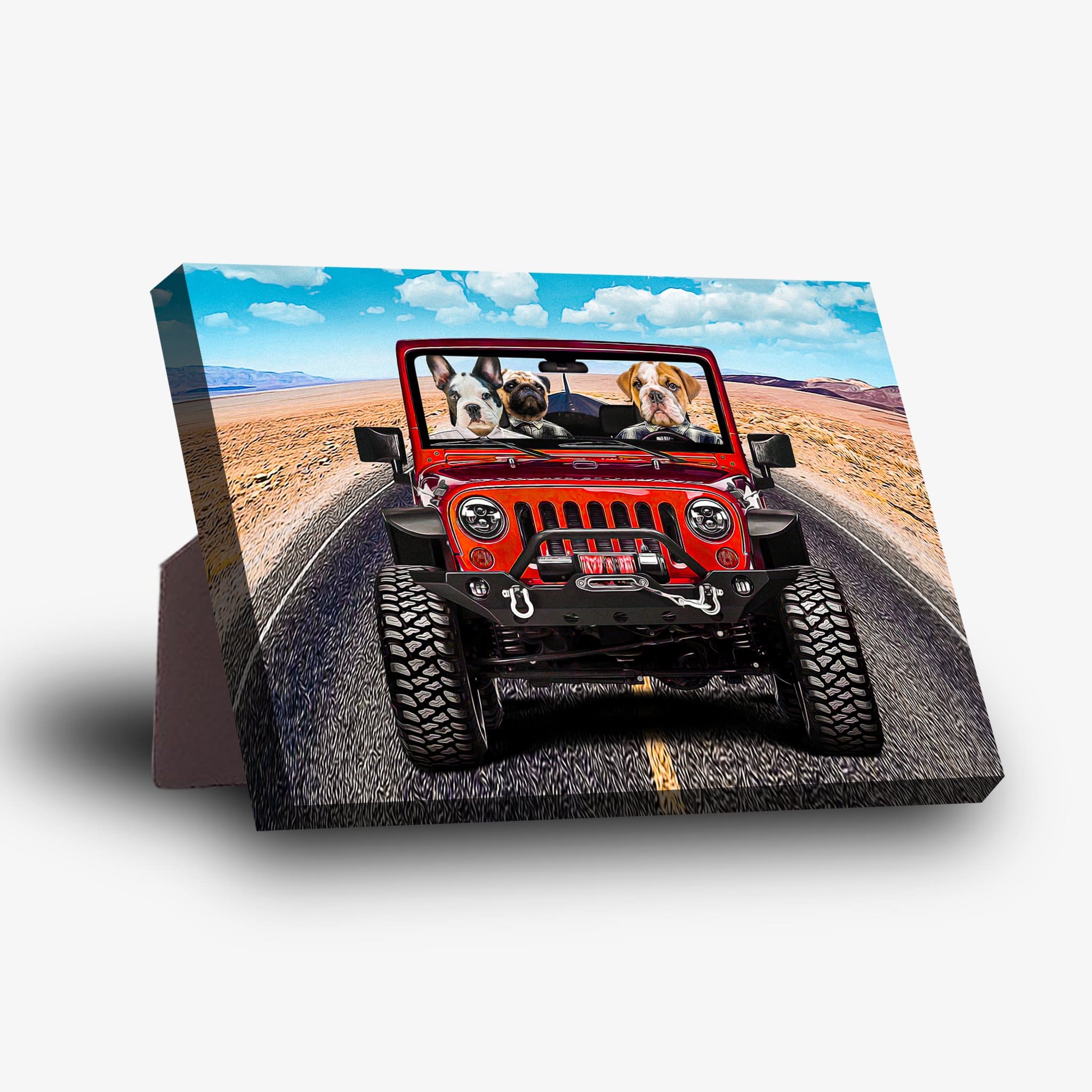 Personalized 3-pet standing canvas featuring pets in a red Jeep Cruiser on a desert road.