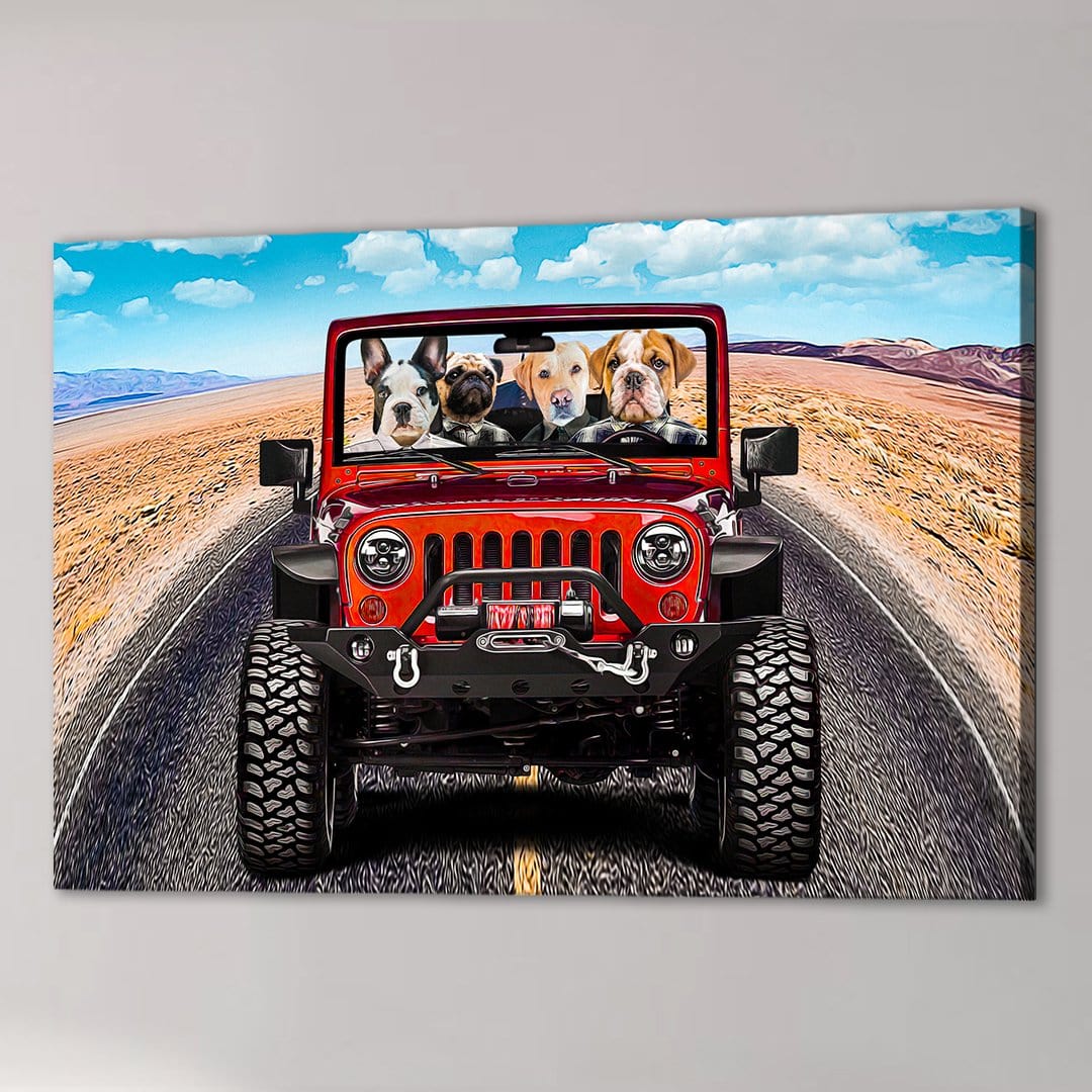 Personalized 'Yeep Cruisers' canvas featuring four pets in a red Jeep on a desert road.