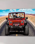 Personalized 'Yeep Cruisers' canvas featuring four pets in a red Jeep on a desert road.