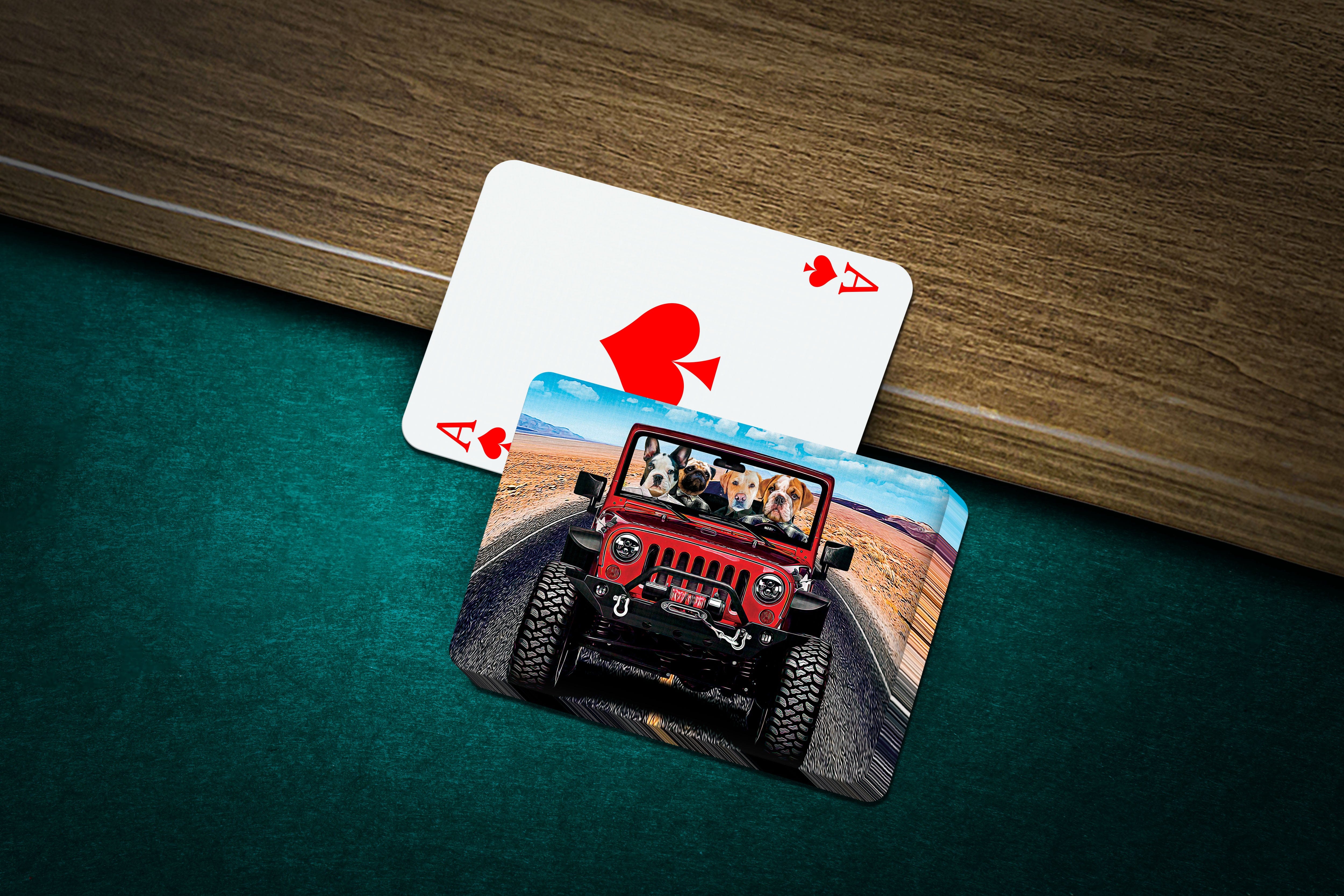 Personalized playing cards featuring four pets in a red jeep, on a green felt table.