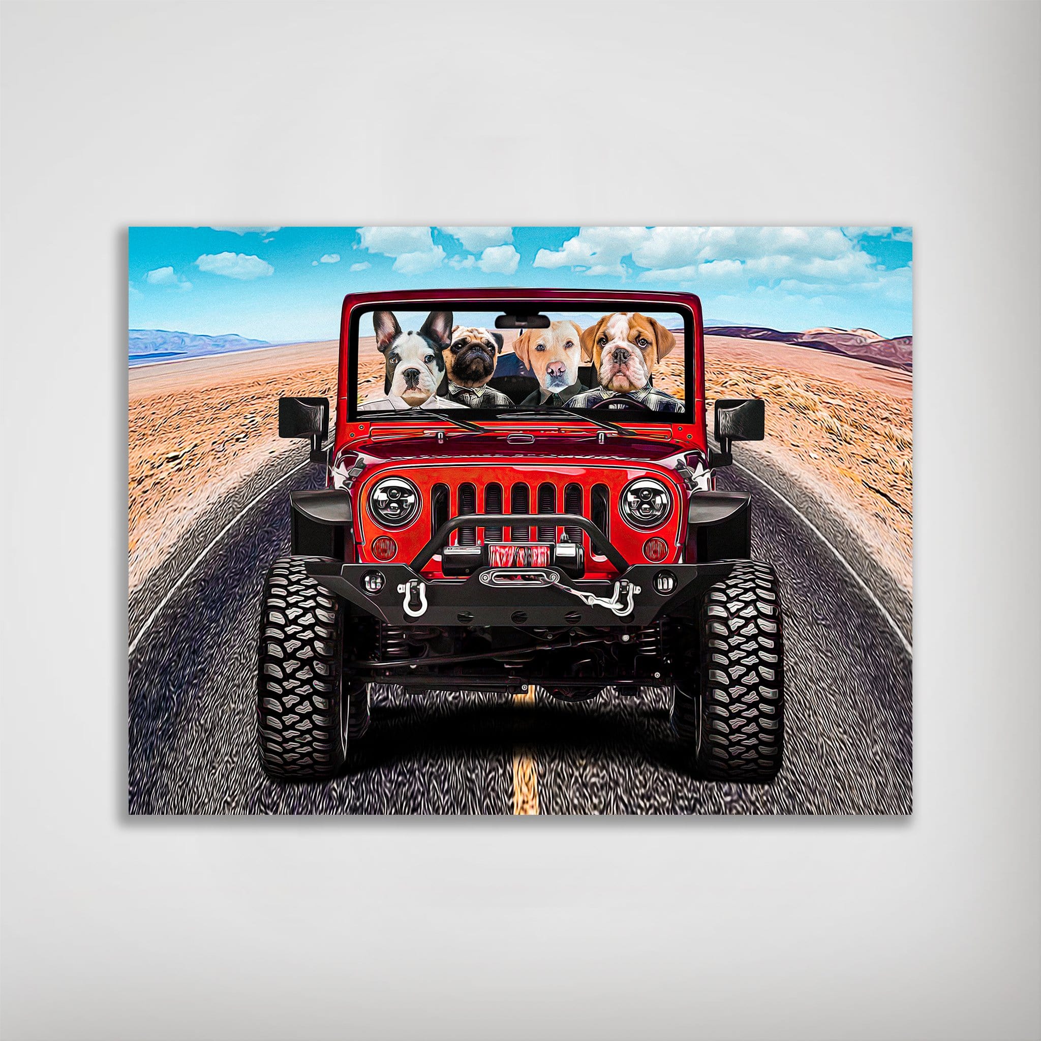Personalized 'Yeep Cruisers' poster featuring four pets in a red Jeep driving on a desert road.
