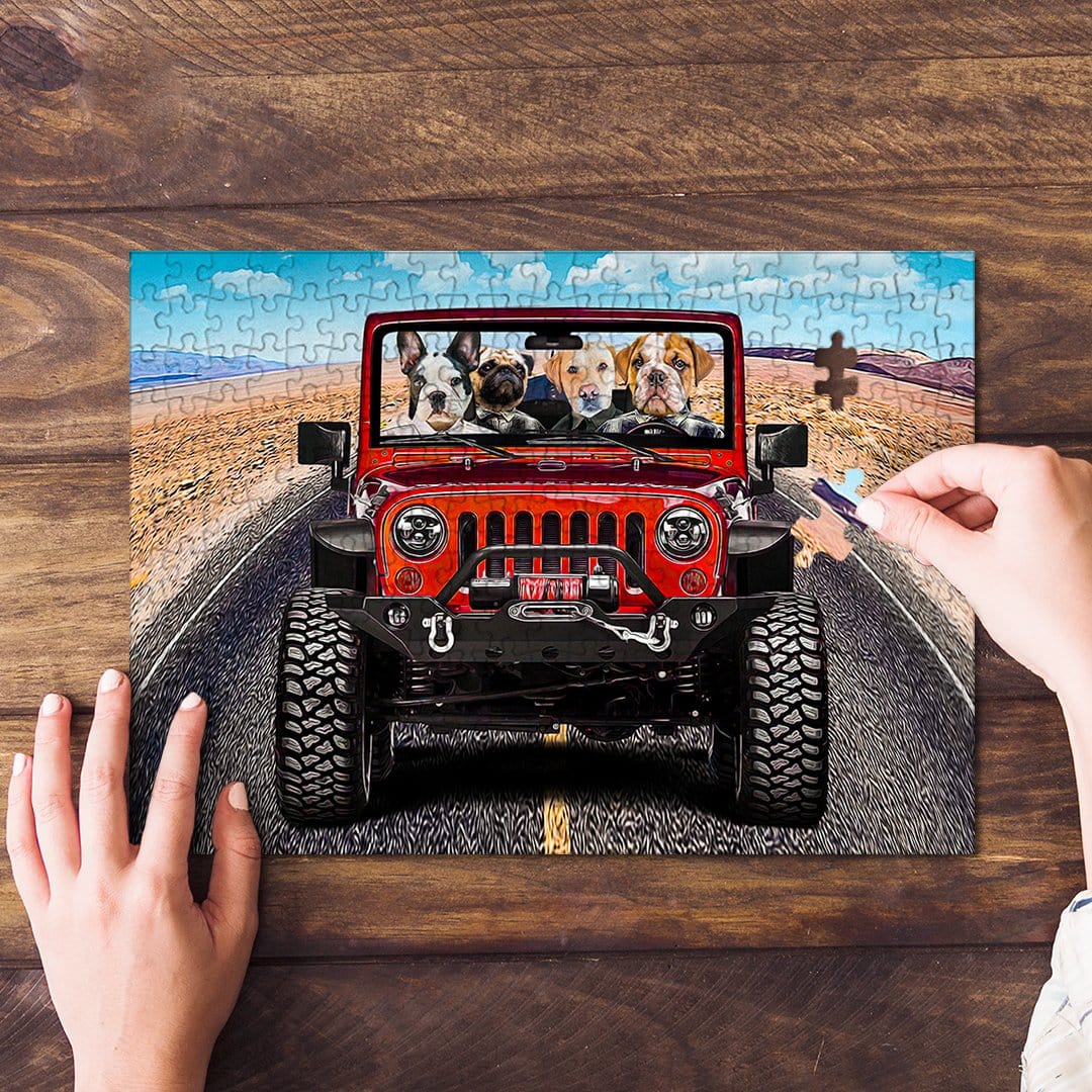 Personalized puzzle with four cartoon dogs in a red Jeep, on a road with a beach background.