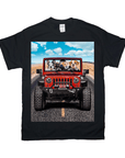 Black Gildan t-shirt with four pets in a red Jeep driving on a desert road under a blue sky.