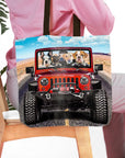 Personalized tote bag featuring four dogs in a red Jeep, driving on a desert road.