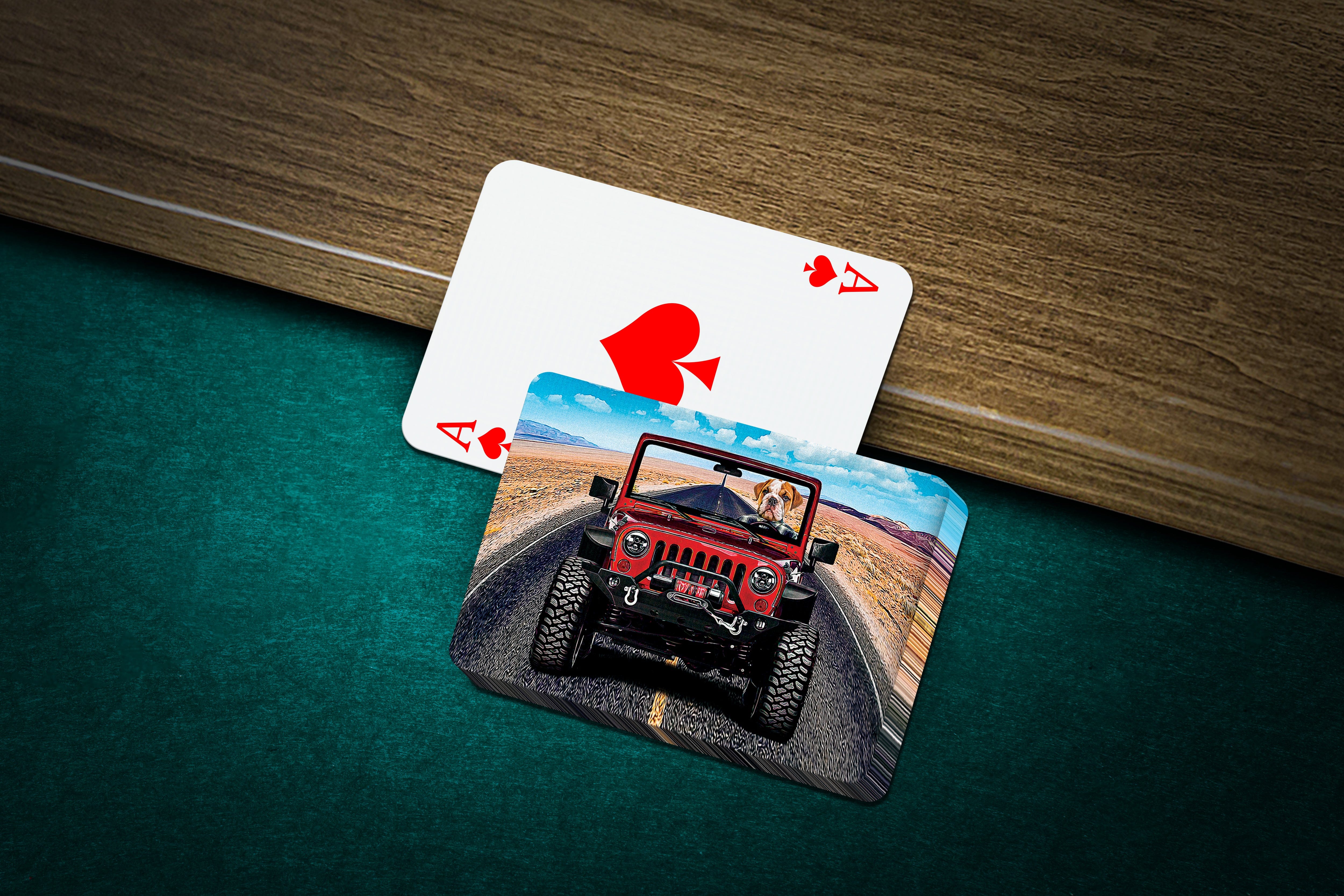 Personalized pet playing cards featuring a dog in a red Jeep on a desert road.