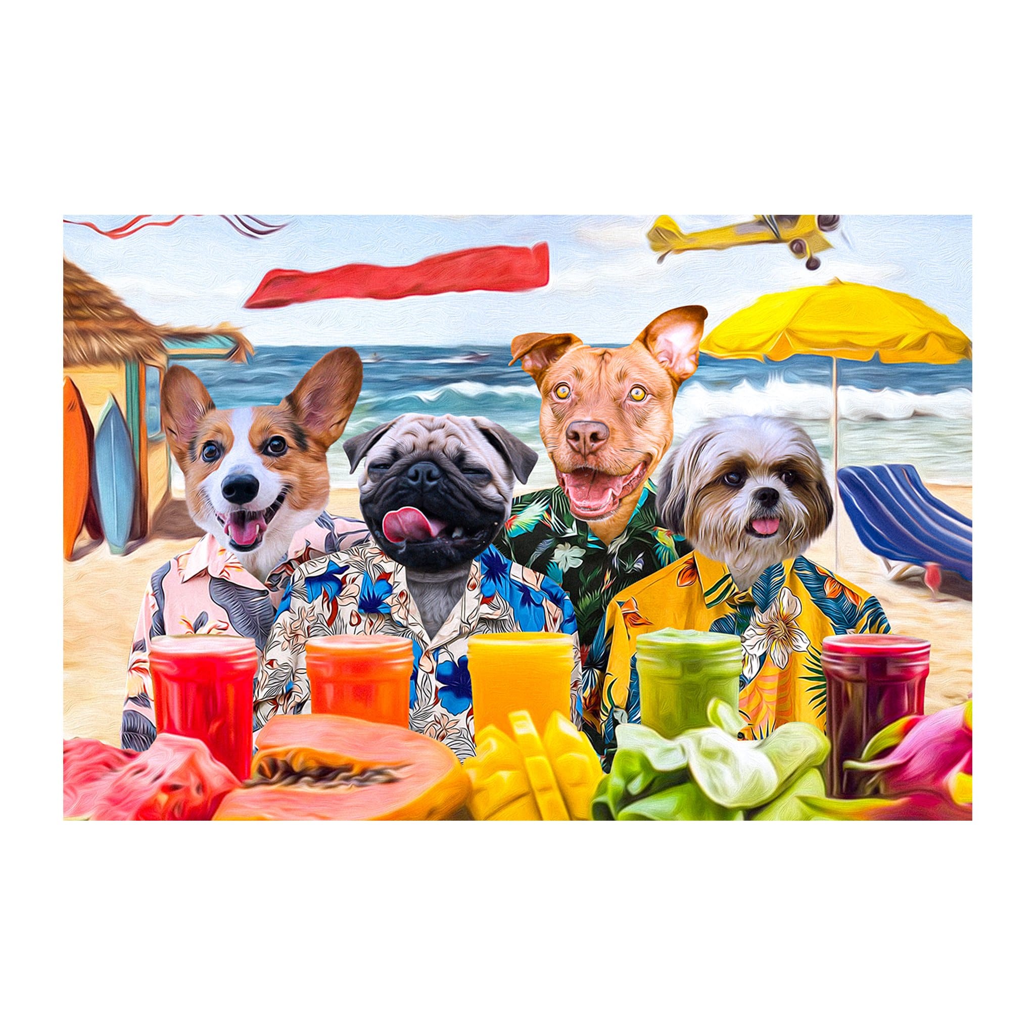 Retrato digital personalizado de 4 mascotas &#39;The Beach Dogs&#39;