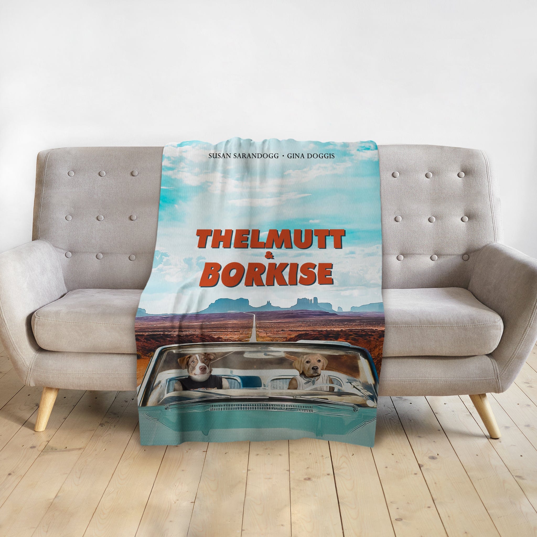 Personalized 'Thelmutt and Borkise' pet portrait blanket featuring two dogs in a car on a desert road.