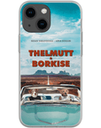 Personalized phone case with two dogs in a convertible, "Thelmutt & Borkise" movie poster style.