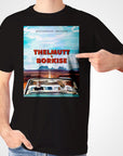 Black Gildan t-shirt with a personalized "Thelmutt & Borkise" movie poster design featuring two dogs in a car.