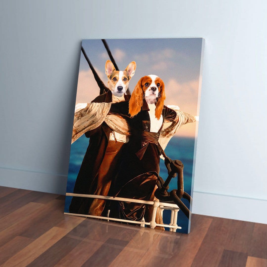 Custom "Titanic Doggos" canvas featuring a Corgi and Cavalier King Charles Spaniel in period attire on a ship.