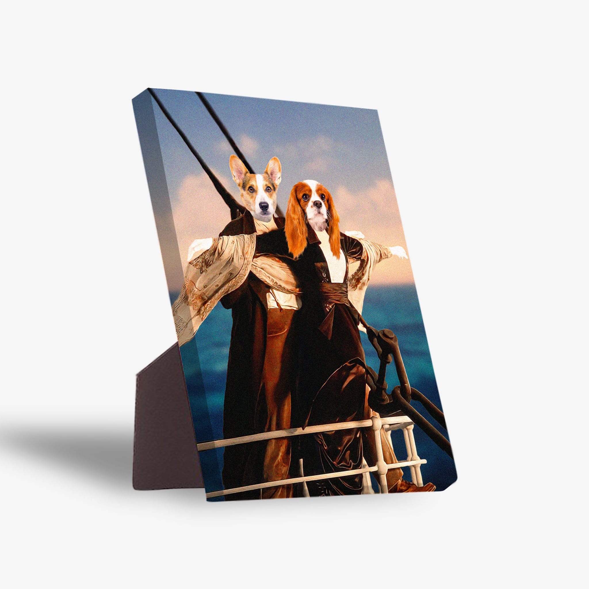 Personalized 'Titanic Doggos' standing canvas featuring two pets dressed in period attire on a ship deck.