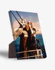 Personalized 'Titanic Doggos' standing canvas featuring two pets dressed in period attire on a ship deck.