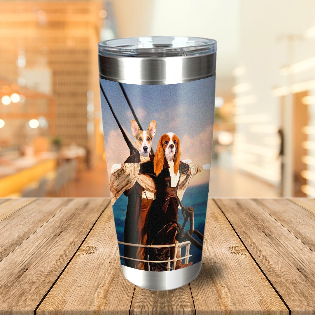 Personalized stainless steel tumbler with two dogs in a Titanic-themed portrait.