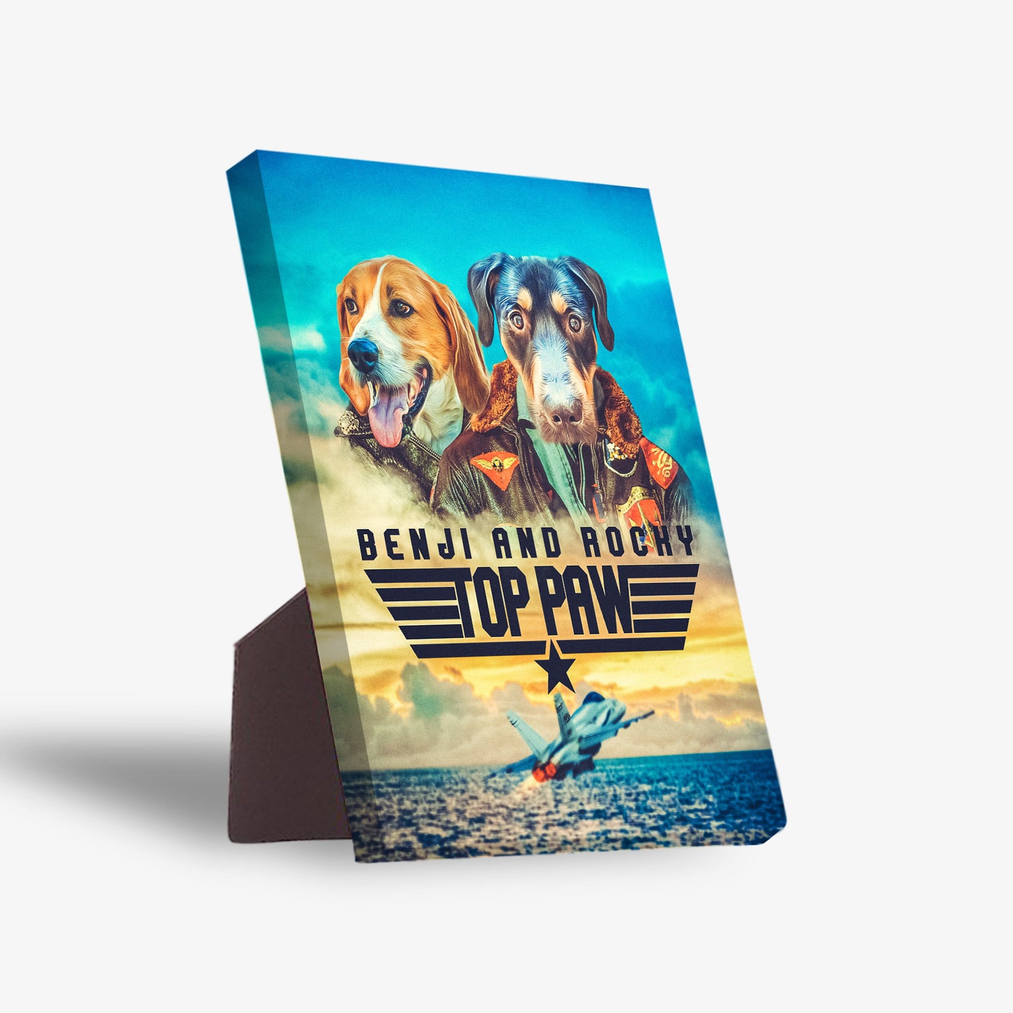 Personalizable 'Top Paw' standing canvas featuring two dogs in pilot outfits with a jet.