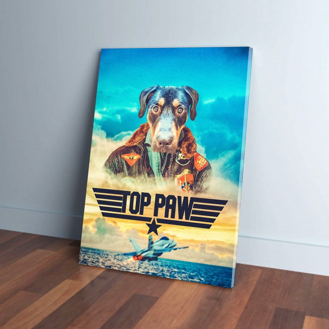 Personalized 'Top Paw' pet canvas featuring a dog in a pilot jacket, with a jet and clouds.