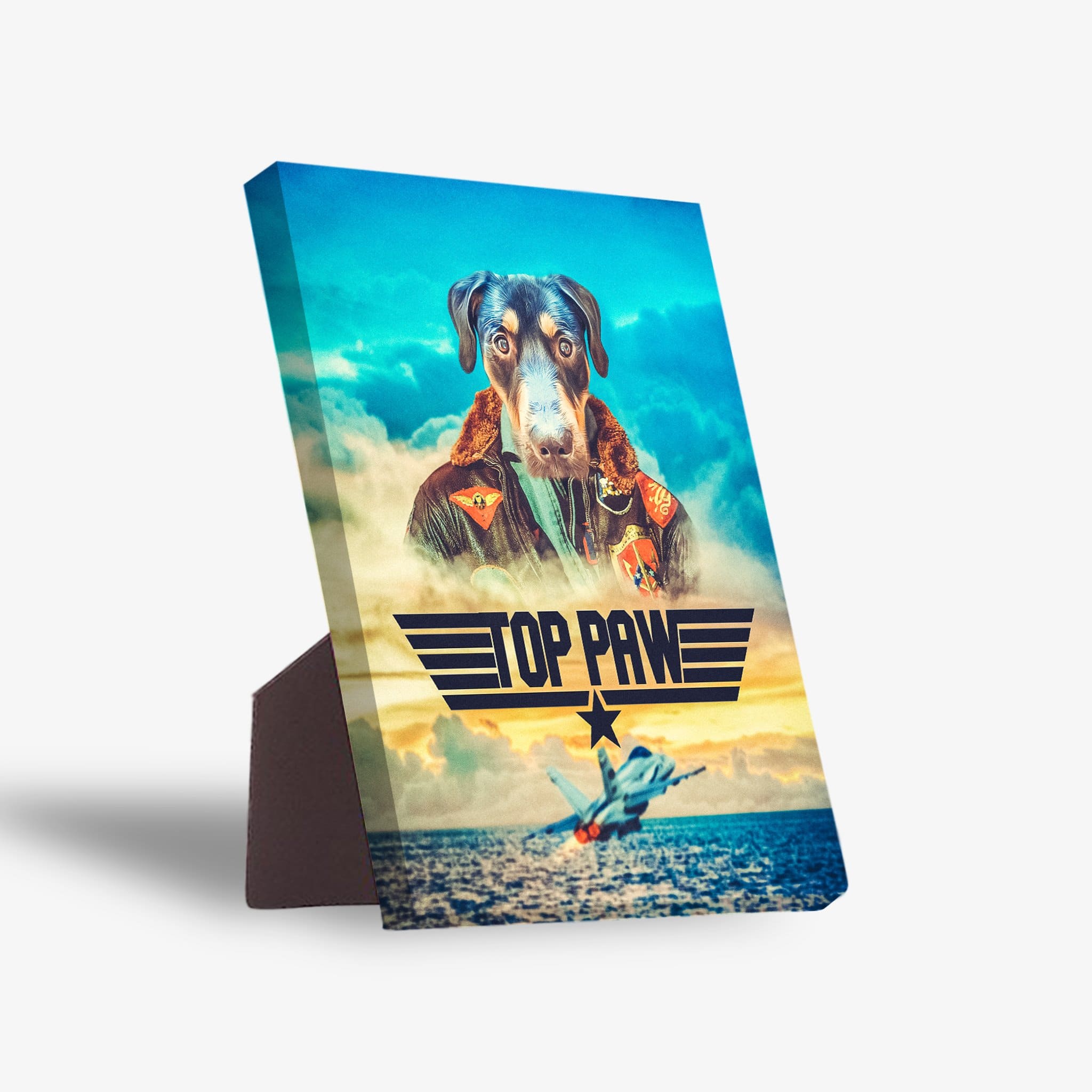 Personalized pet standing canvas featuring a dog in a pilot uniform, "TOP PAW" logo, and a jet flying over water.
