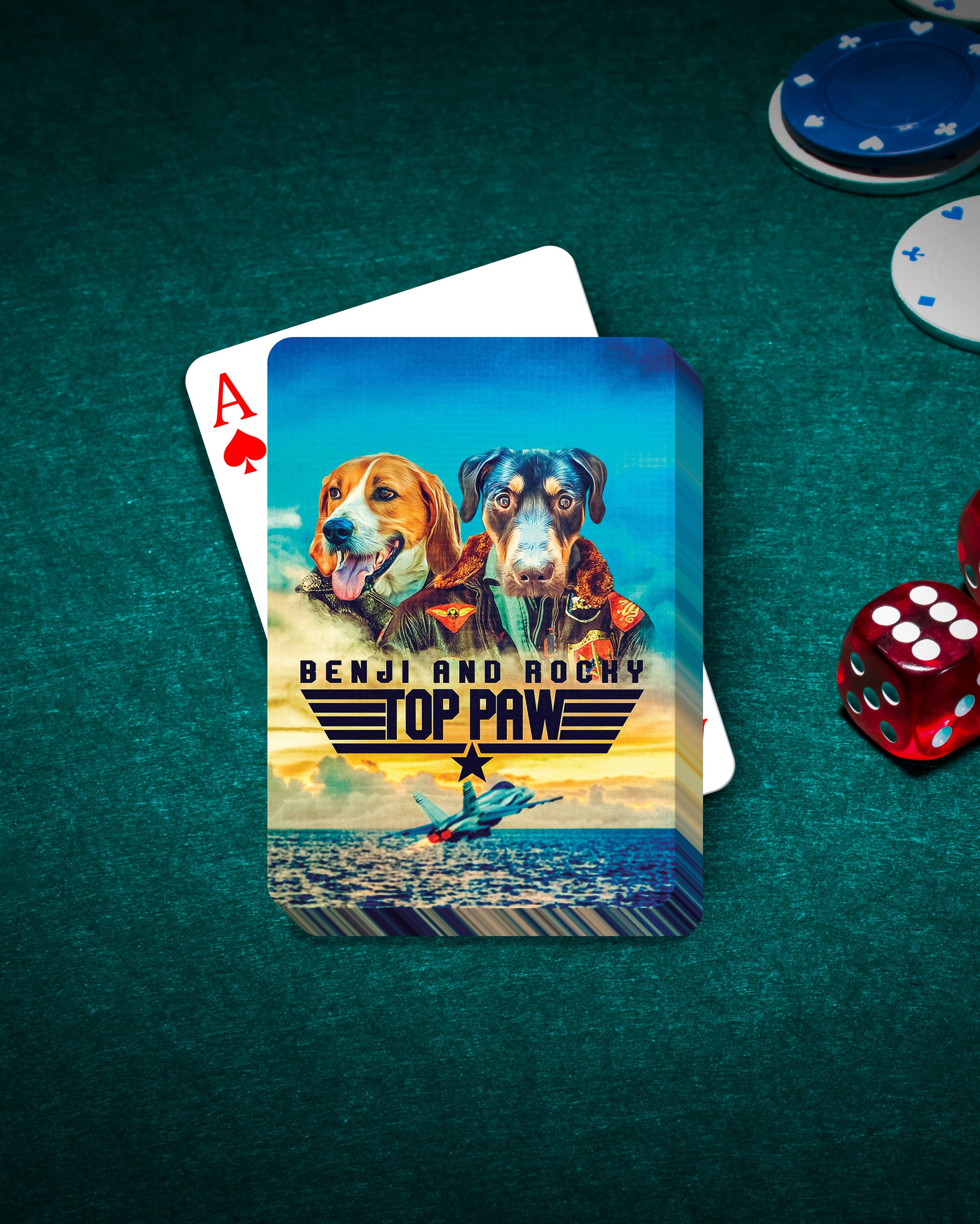 Personalized 'Top Paw' playing cards featuring two dogs in pilot uniforms, on a green poker table.