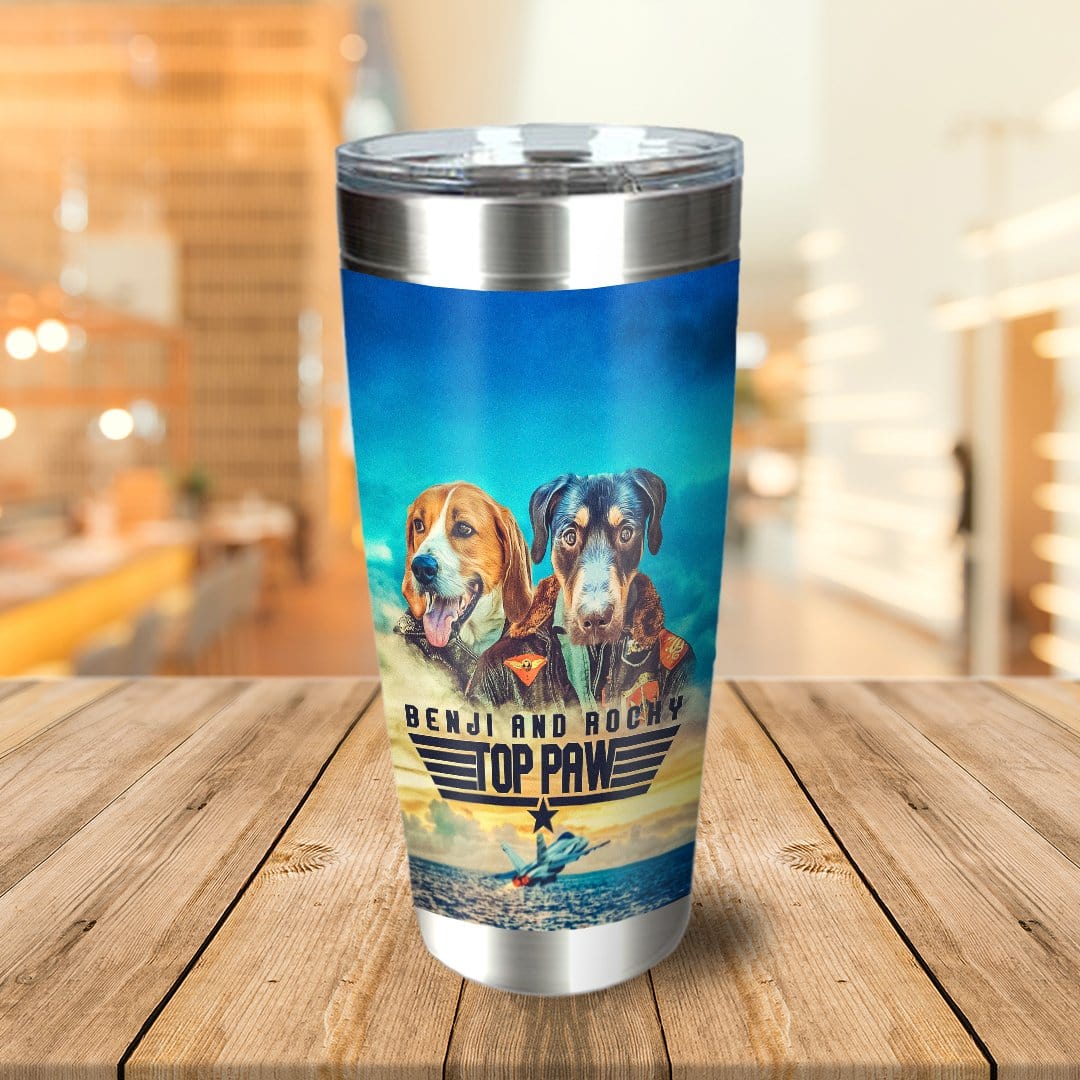 Personalized stainless steel tumbler with two custom pet portraits in a "Top Paw" movie poster style.