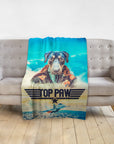 Personalized pet blanket with a Doggovinci portrait of a dog in a pilot uniform.