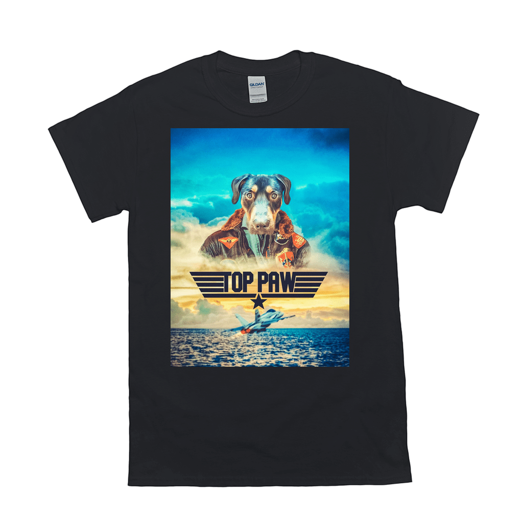 Black Gildan 'Top Paw' personalized pet t-shirt with a dog in a pilot jacket and jet flying over water.