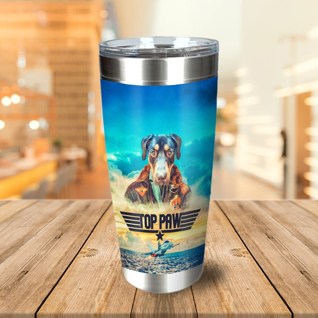 Personalized stainless steel tumbler with a custom dog portrait in a "Top Paw" pilot design.