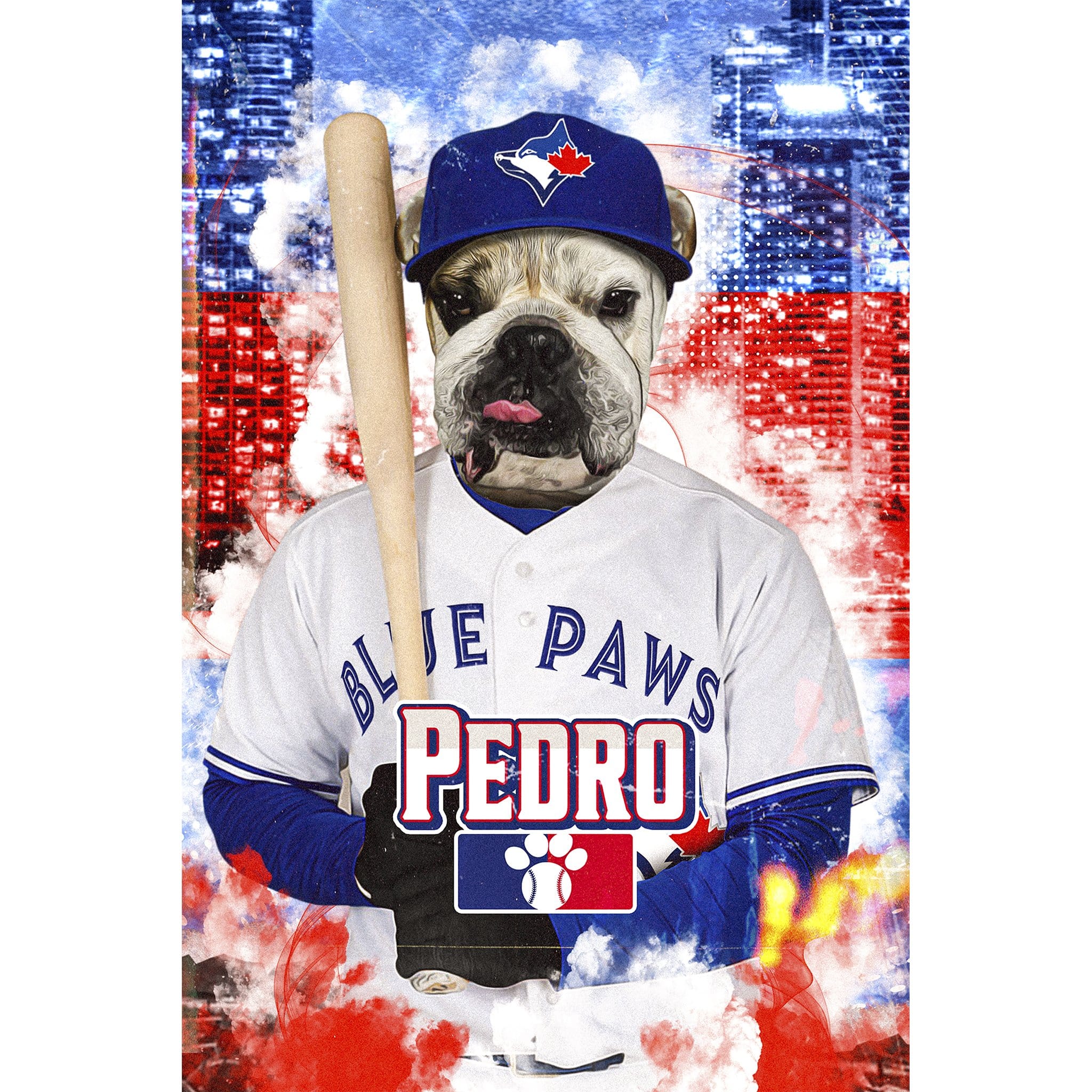 Custom bulldog pet portrait in a Toronto Blue Jays baseball uniform, holding a bat.