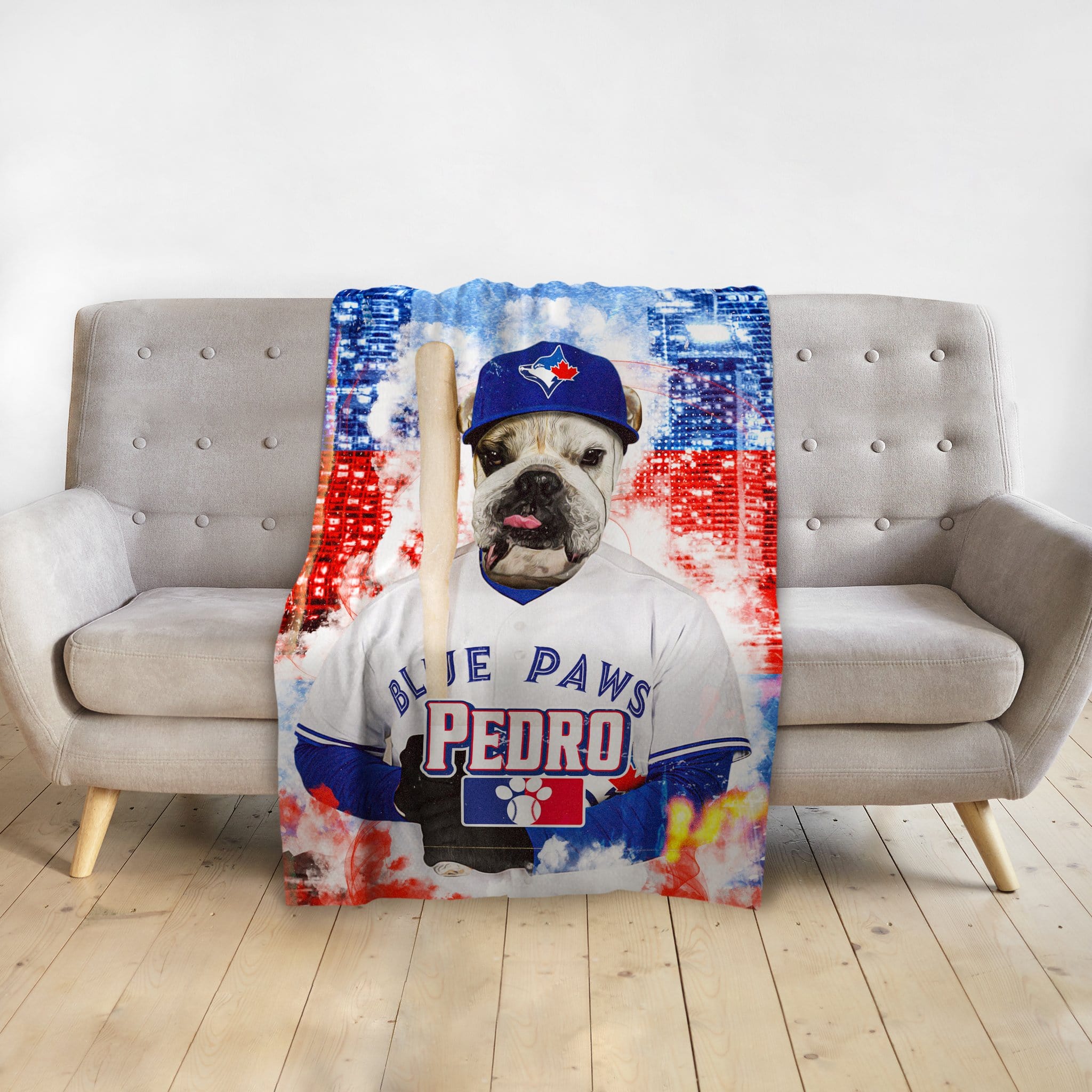Personalized pet blanket with a bulldog in a Blue Jays baseball uniform, holding a bat.