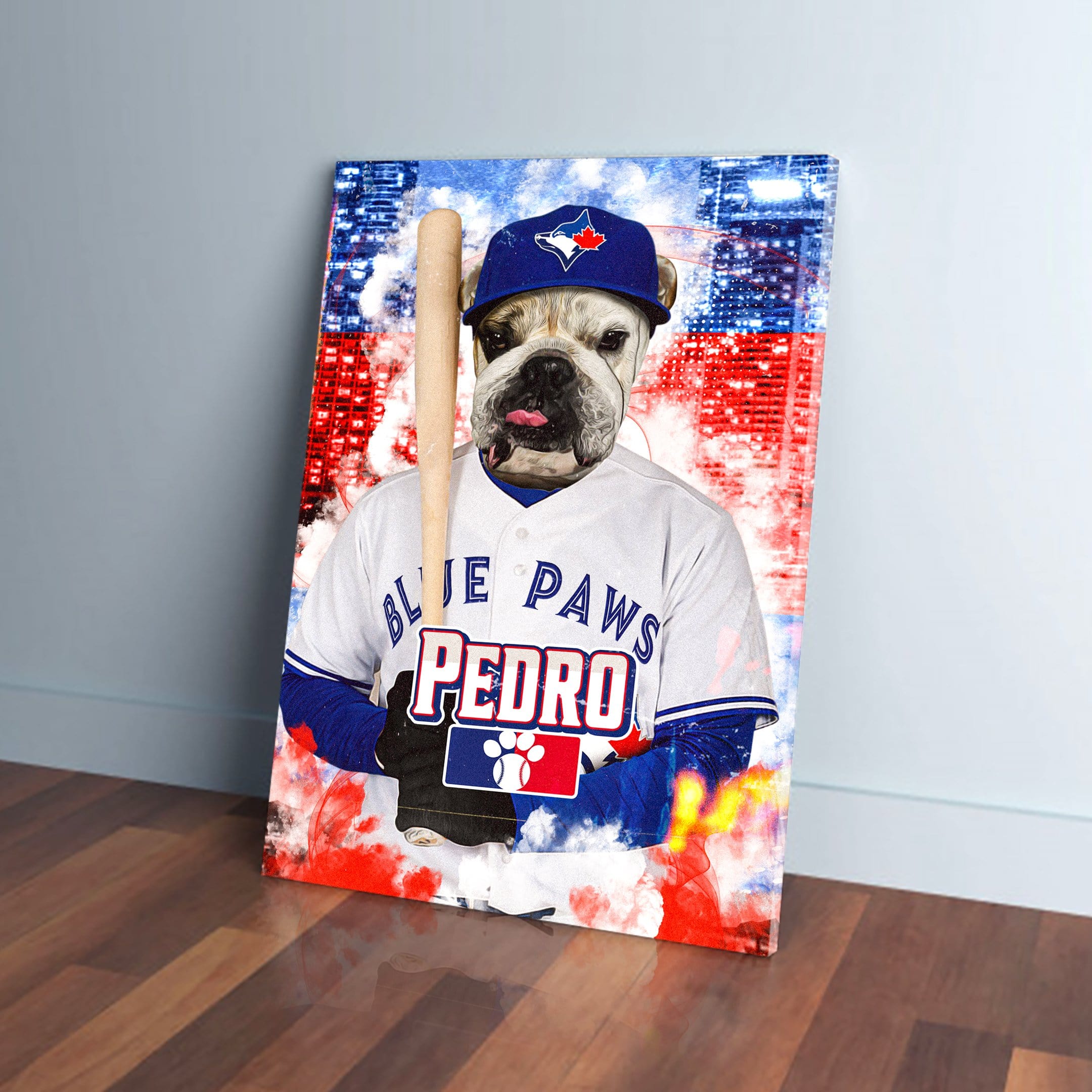 Personalized pet canvas featuring a bulldog in a Toronto Blue Jays baseball uniform, holding a bat.