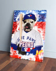 Personalized pet canvas featuring a bulldog in a Toronto Blue Jays baseball uniform, holding a bat.