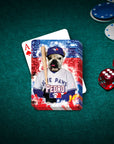 Personalized playing card featuring a bulldog in a Toronto Blue Jays baseball uniform, on a green felt table.