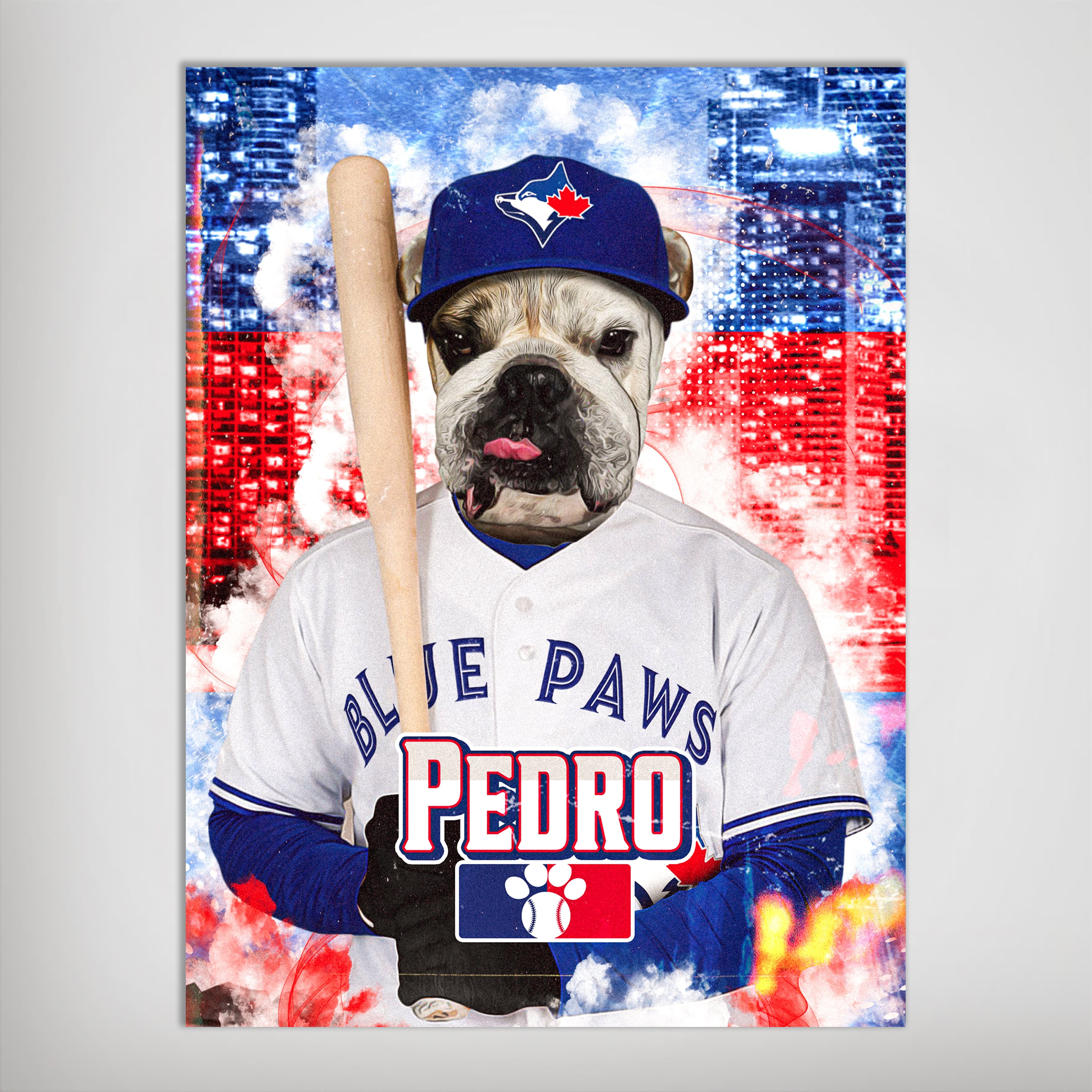 Personalized 'Toronto Blue Doggs' poster featuring a bulldog in a baseball uniform and cap, holding a bat.