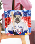 Personalized tote bag with a custom pet portrait of a bulldog in a Toronto Blue Jays baseball uniform.