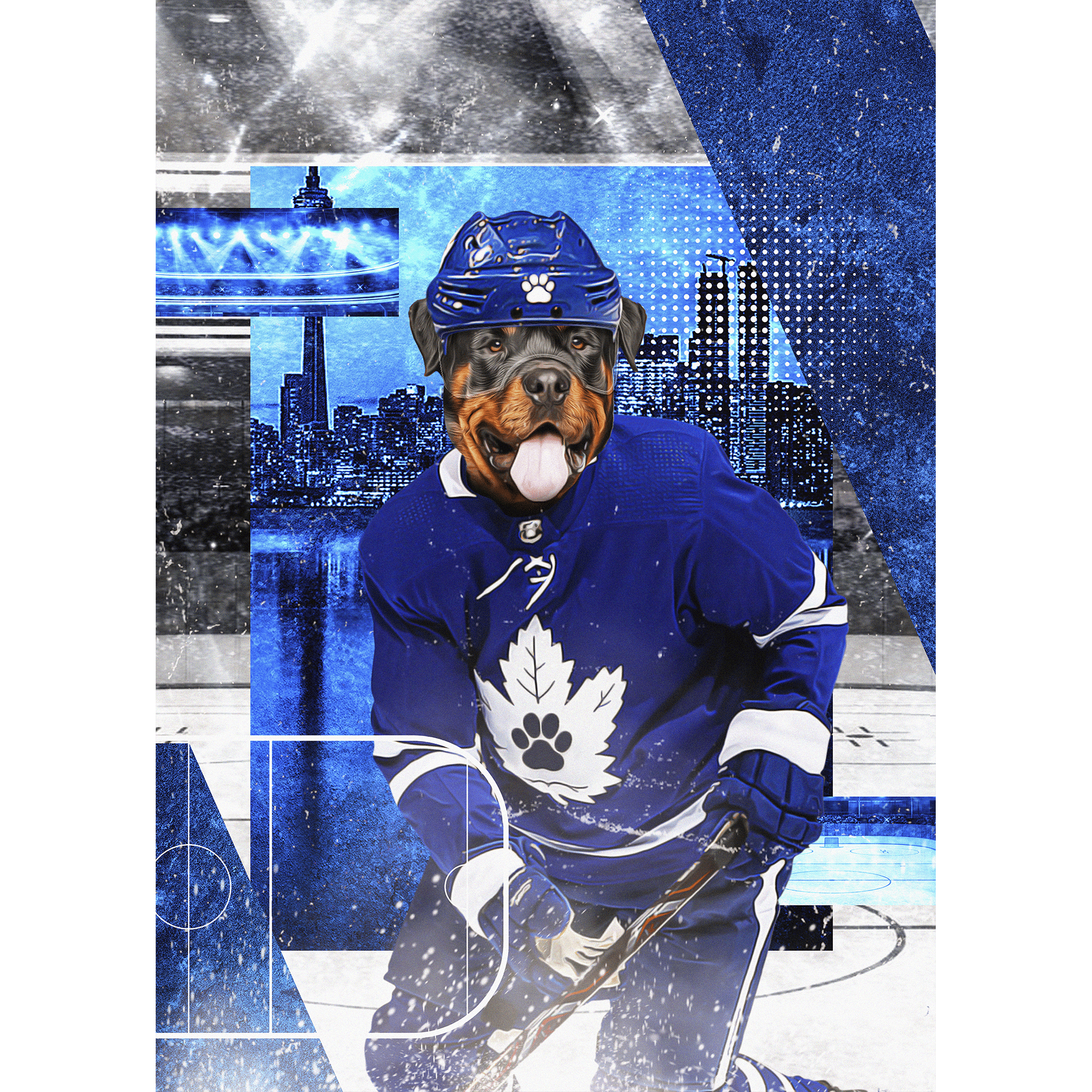 Custom digital portrait of a Rottweiler in a Toronto Maple Leafs hockey uniform.