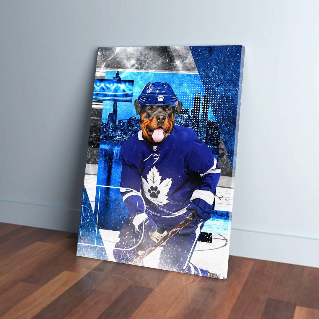 Personalized pet canvas: Rottweiler in a blue Toronto Maple Leafs hockey uniform with city skyline background.