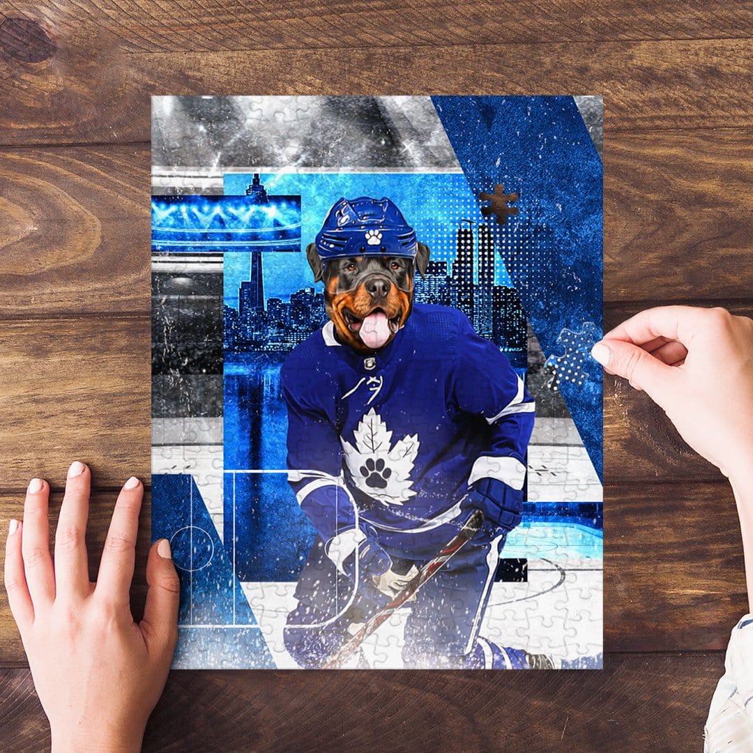 Personalized Toronto Maple Woofs pet puzzle featuring a Rottweiler in a hockey uniform.