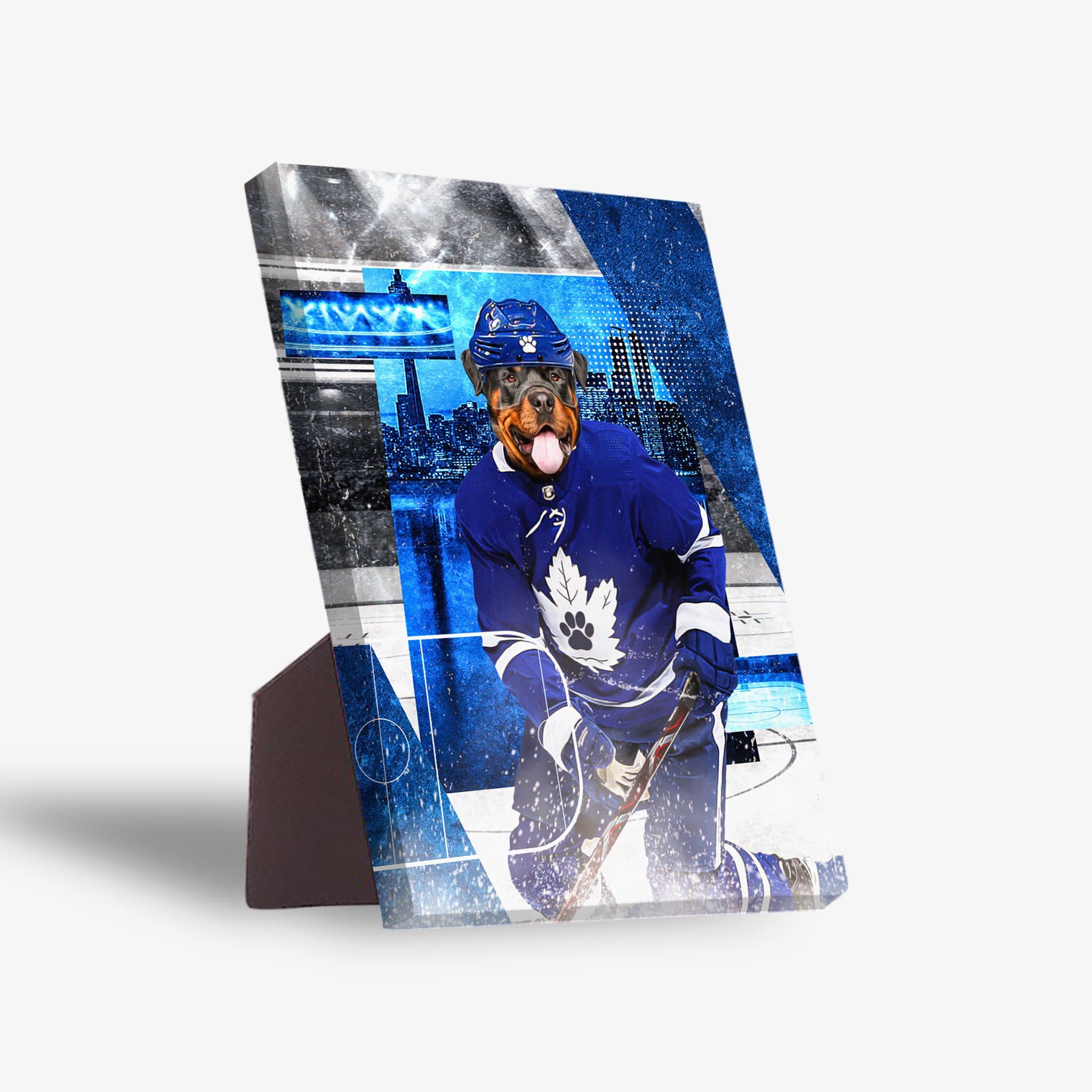 Personalized pet standing canvas featuring a Rottweiler in a blue Toronto Maple Leafs hockey uniform with a city skyline background.