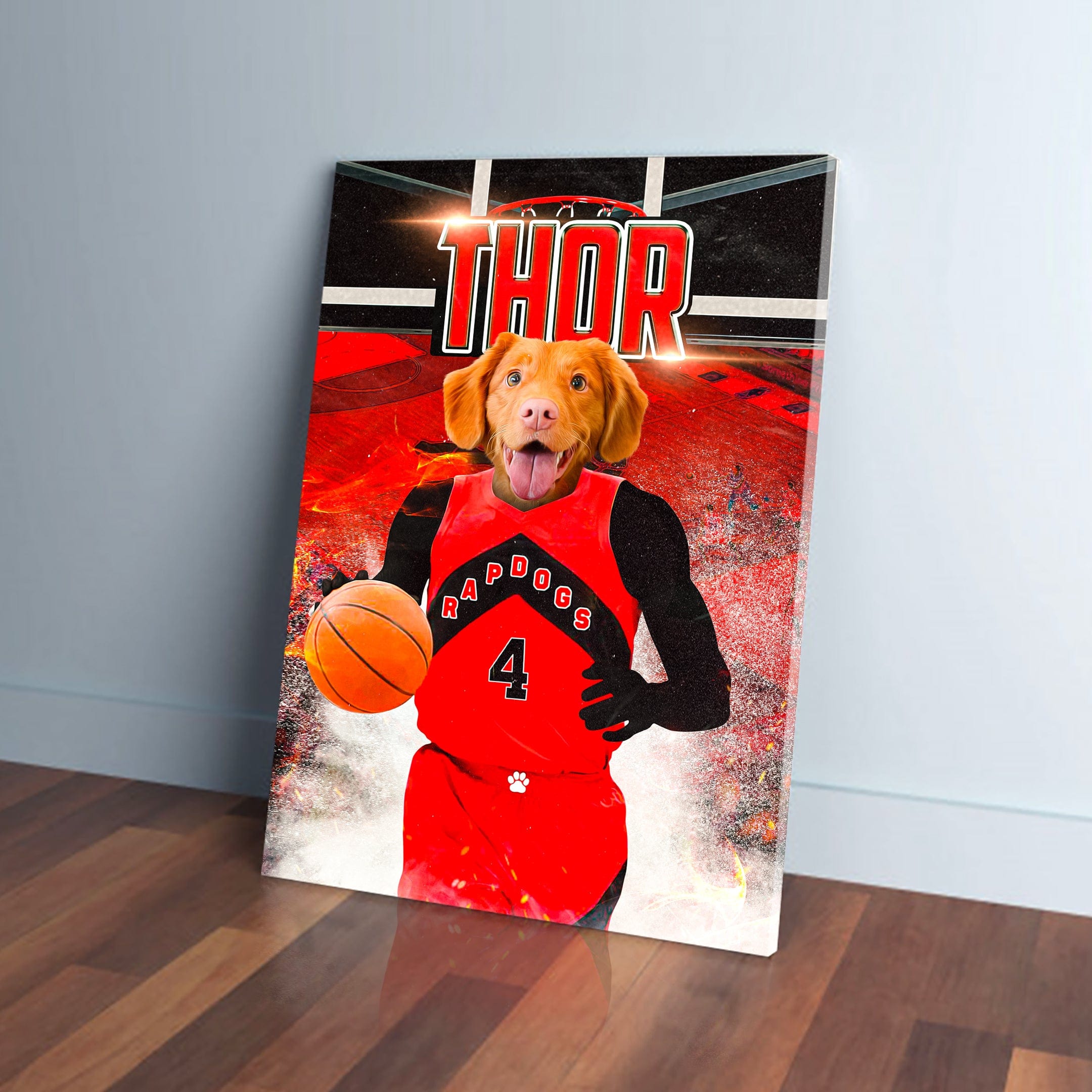 Personalized 'Toronto Rapdogs' pet canvas featuring a dog in a red basketball jersey holding a ball.