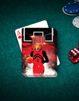 Personalized 'Toronto Rapdogs' playing cards featuring a dog in a basketball uniform on a green felt table with chips and dice.