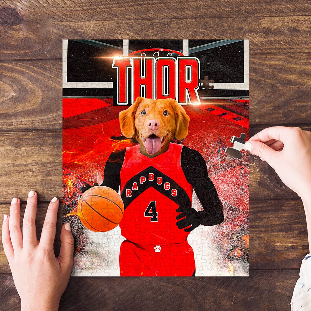 Personalized 'Toronto Rapdogs' pet puzzle featuring a dog in a red basketball uniform.