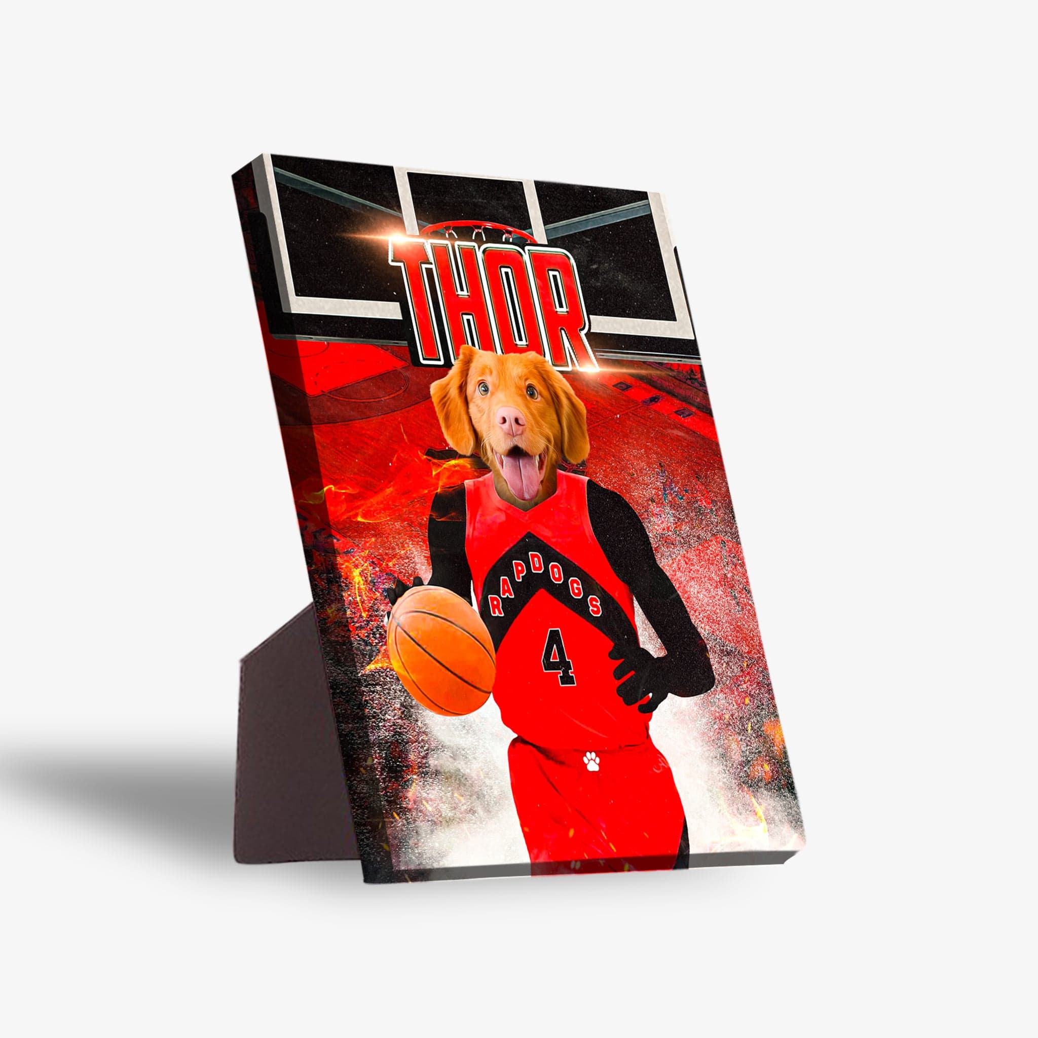 Personalized pet standing canvas featuring a dog in a red Toronto Rapdogs basketball jersey holding a ball.